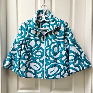 600 WEST cropped jacket. Size Small Turquoise & White